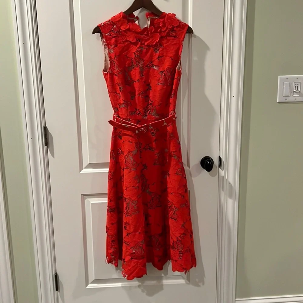 Oscar de la Renta Red Magnolia Belted Guipure Lace A-Line Dress in Sienna NWT 6 - Picture 5 of 6
